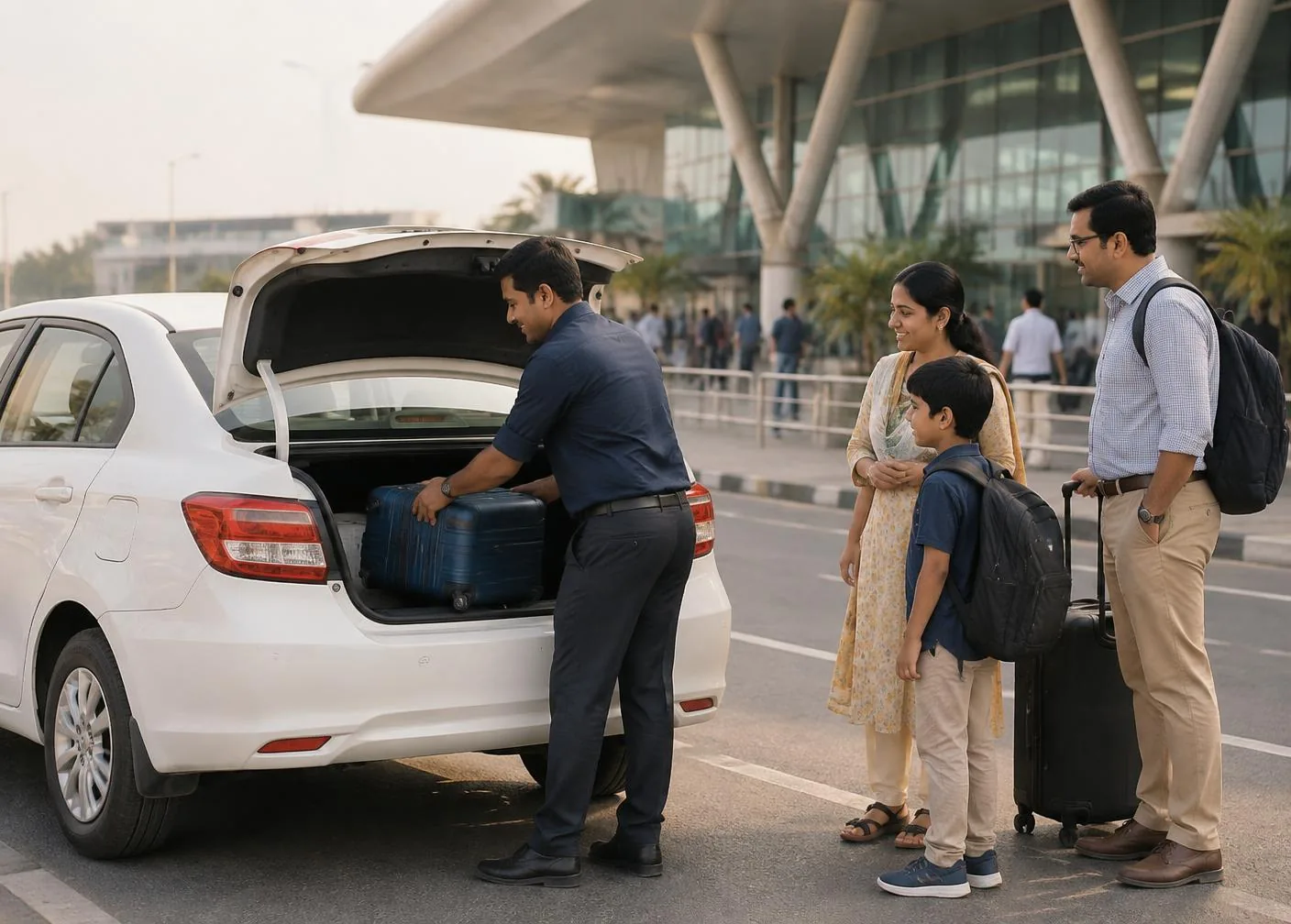 White Nice Rides cab at an airport pickup with an Indian family and luggage