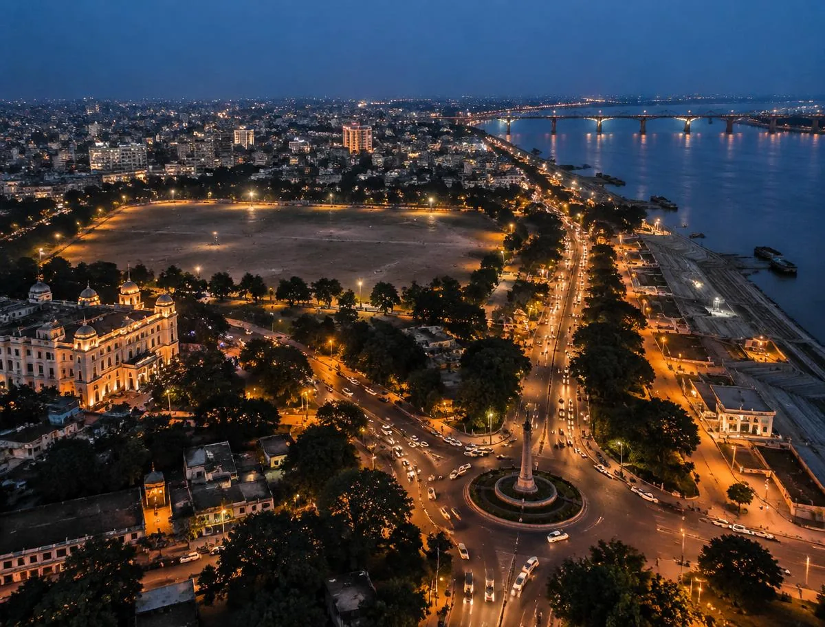 Aerial evening view of Patna with Gandhi Maidan, city roads and the Ganga riverfront